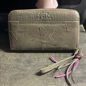 FAB Olive-Taupe Star & Heart Patchwork Leather Zip Wallet with Pink Tassel